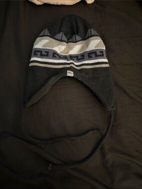 5/$25 Kids Black Earflap Knit Hat with Gray & Tan Pattern